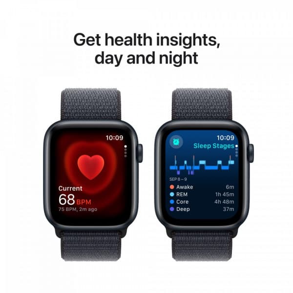 Apple Watch SE (GPS) 44 mm keskiyö alumiinikuori ja musteenvärinen Sport Loop -ranneke (MXEP3)