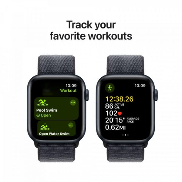 Apple Watch SE (GPS) 44 mm keskiyö alumiinikuori ja musteenvärinen Sport Loop -ranneke (MXEP3)