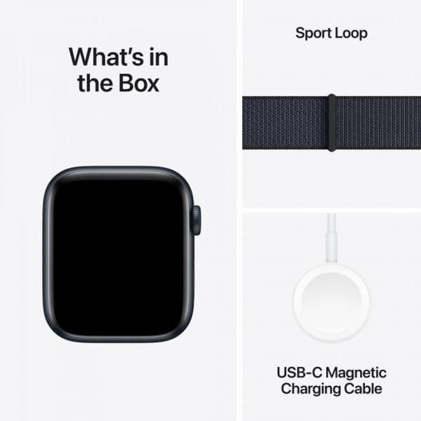 Apple Watch SE (GPS) 44 mm keskiyö alumiinikuori ja musteenvärinen Sport Loop -ranneke (MXEP3)