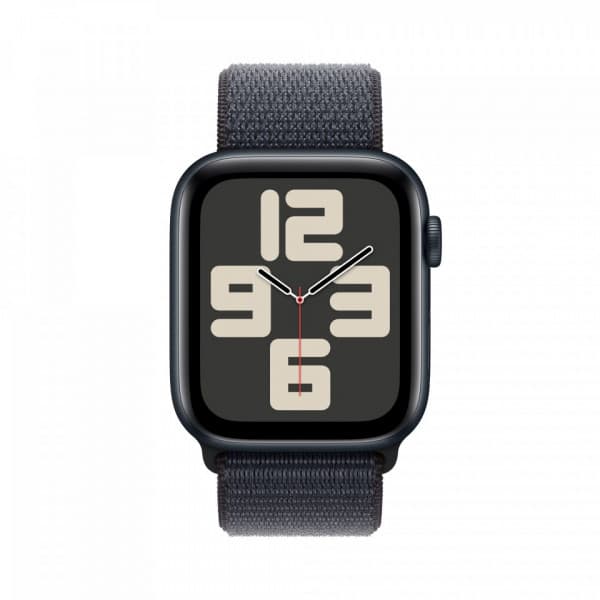 Apple Watch SE (GPS) 44 mm keskiyö alumiinikuori ja musteenvärinen Sport Loop -ranneke (MXEP3)