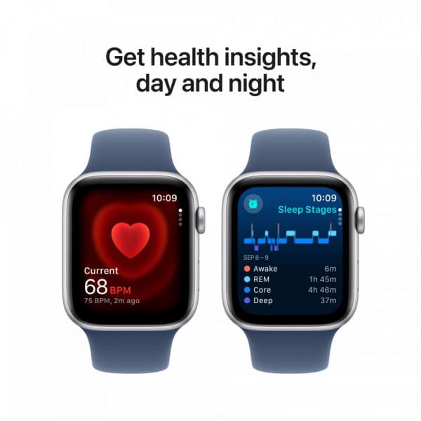 Apple Watch SE (GPS) 44 mm hopea alumiinikuori ja farkunsininen urheiluranneke, S/M (MXEQ3)