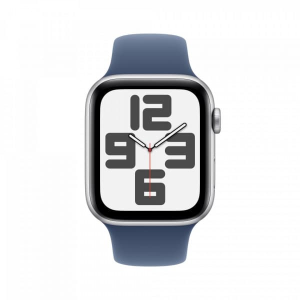 Apple Watch SE (GPS) 44 mm hopea alumiinikuori ja farkunsininen urheiluranneke, S/M (MXEQ3)