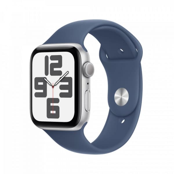 Apple Watch SE (GPS) 44 mm hopea alumiinikuori ja farkunsininen urheiluranneke, S/M (MXEQ3)