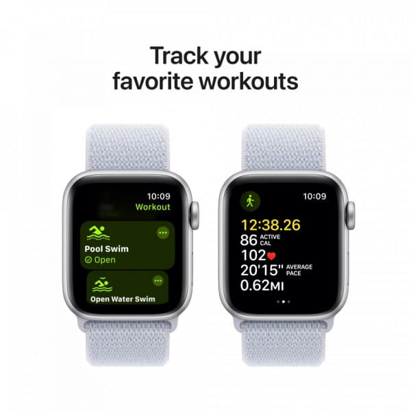Apple Watch SE (GPS) 40 mm silver aluminiumhölje och blåaktigt Sport Loop-armband (MXEE3)