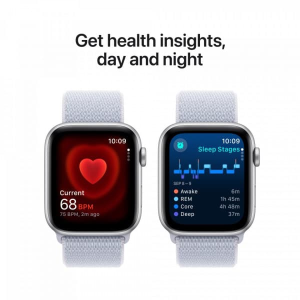 Apple Watch SE (GPS) 44 mm hopea alumiinikuori ja sinertävä Sport Loop -ranneke (MXET3)