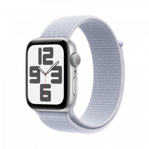 Apple Watch SE (GPS) 44 mm hopea alumiinikuori ja sinertävä Sport Loop -ranneke (MXET3)