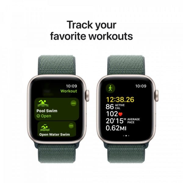 Apple Watch SE (GPS) 44 mm tähtivalkea alumiinikuori ja lammenvihreä Sport Loop -ranneke (MXEW3)