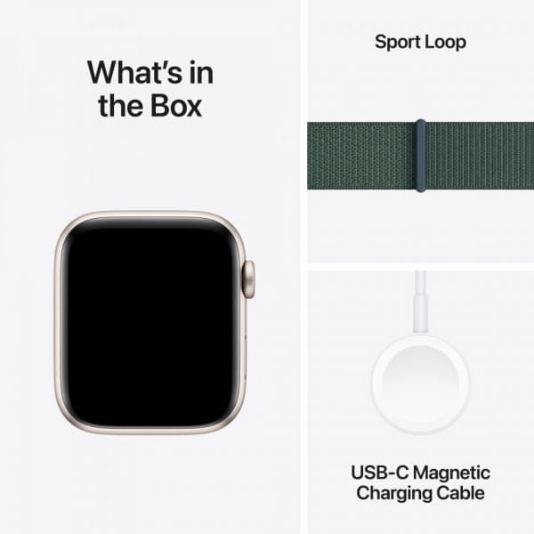 Apple Watch SE (GPS) 44 mm tähtivalkea alumiinikuori ja lammenvihreä Sport Loop -ranneke (MXEW3)