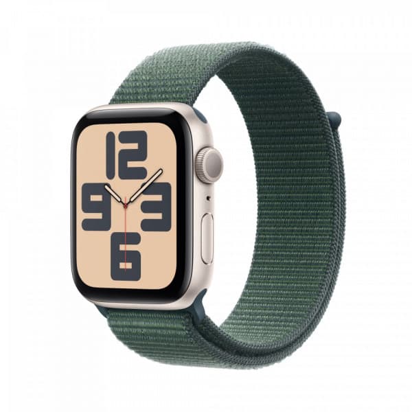 Apple Watch SE (GPS) 44 mm tähtivalkea alumiinikuori ja lammenvihreä Sport Loop -ranneke (MXEW3)