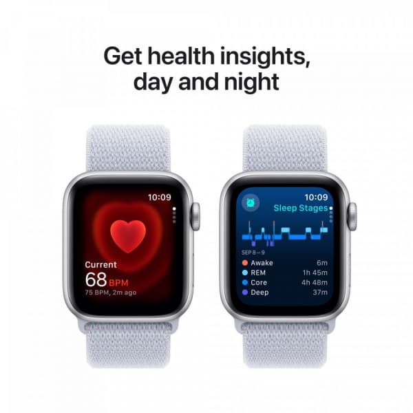 Apple Watch SE (GPS + Cellular) 40 mm silver aluminiumhölje och blåaktigt Sport Loop-armband (MXGE3)