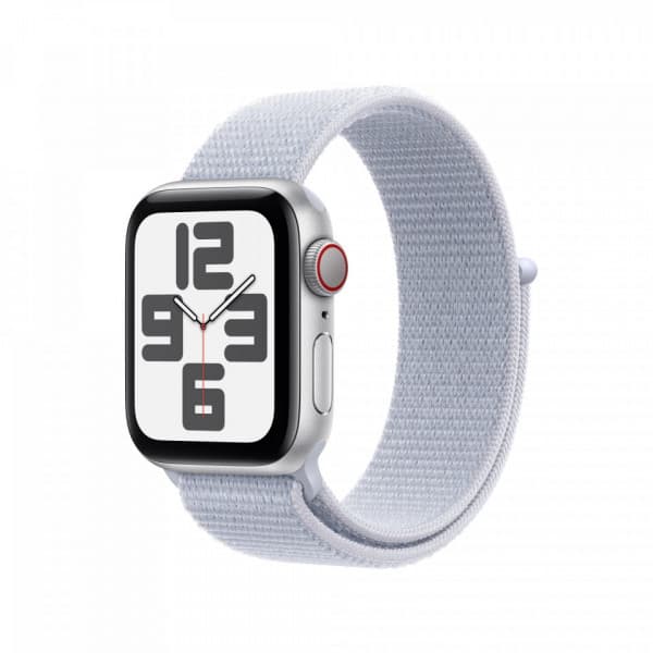 Apple Watch SE (GPS + Cellular) 40 mm silver aluminiumhölje och blåaktigt Sport Loop-armband (MXGE3)