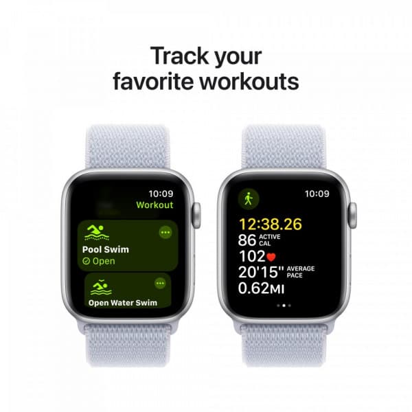 Apple Watch SE (GPS + Cellular) 44 mm silver aluminiumkropp och blåaktigt Sport Loop-armband (MXGR3)