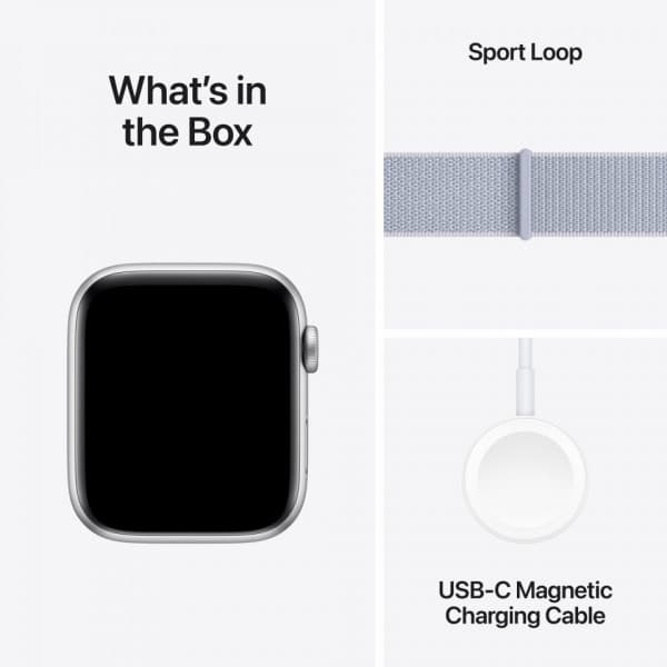 Apple Watch SE (GPS + Cellular) 44 mm silver aluminiumkropp och blåaktigt Sport Loop-armband (MXGR3)