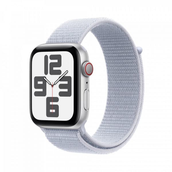 Apple Watch SE (GPS + Cellular) 44 mm silver aluminiumkropp och blåaktigt Sport Loop-armband (MXGR3)