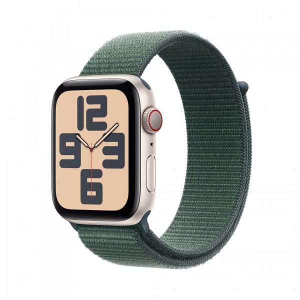 Apple Watch SE (GPS + Cellular) 44 mm stjärnvit aluminiumhölje och dammgrön Sport Loop-armband (MXGV3)