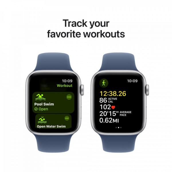 Apple Watch SE (GPS + Cellular) 44 mm silver aluminiumskal och jeansblå sportarmband, S/M (MXGP3)