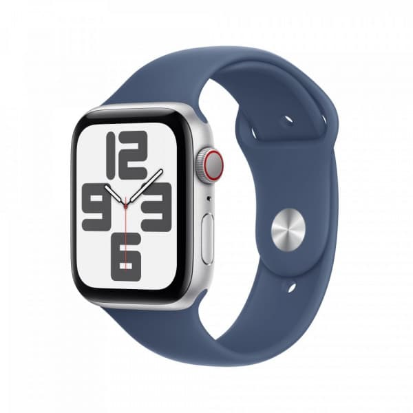 Apple Watch SE (GPS + Cellular) 44 mm silver aluminiumskal och jeansblå sportarmband, S/M (MXGP3)