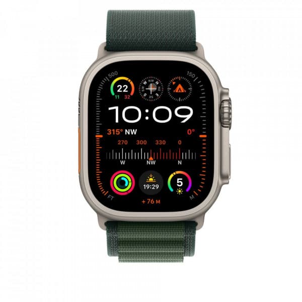 Apple Watch 49 mm mörkgrön Alpine-armband, stor, naturtitan