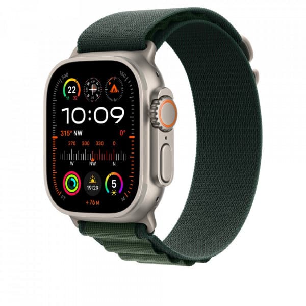 Apple Watch 49 mm mörkgrön Alpine-armband, stor, naturtitan