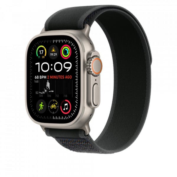 Apple Watch 49 mm svart Trail-armband, M/L, naturligt titan