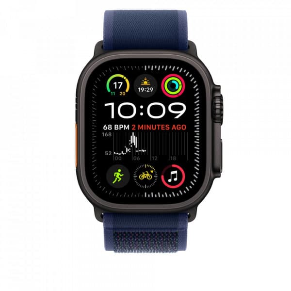 Apple Watch 49 mm blå Trail-armband, S/M, svart titan
