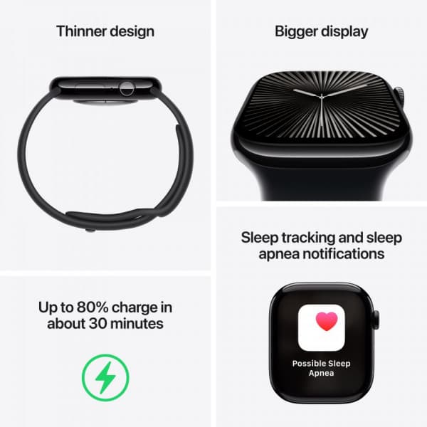 Apple Watch Series 10 (GPS) 46 mm spegel svart aluminiumhölje och svart sportarmband, S/M (MWWP3)