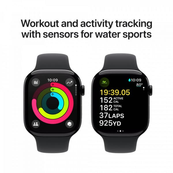 Apple Watch Series 10 (GPS) 46 mm spegel svart aluminiumhölje och svart sportarmband, S/M (MWWP3)