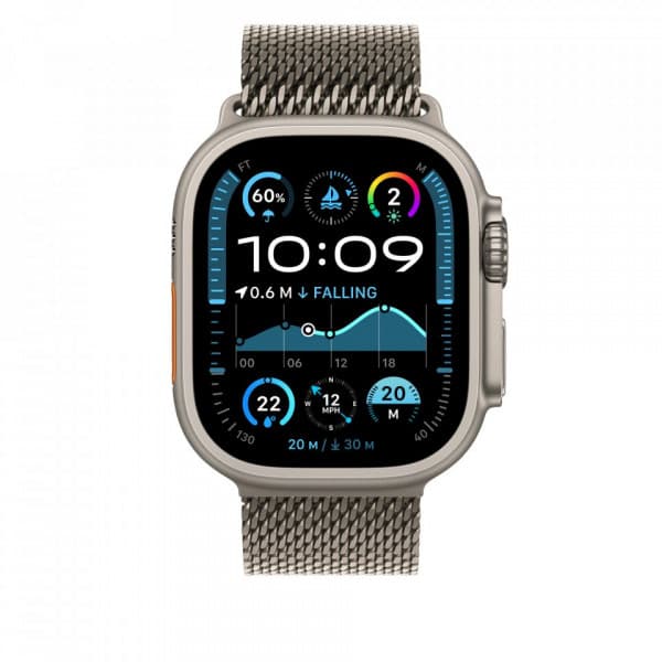 Apple Watch 49 mm naturlig titan med italienskt Milanese-armband, liten