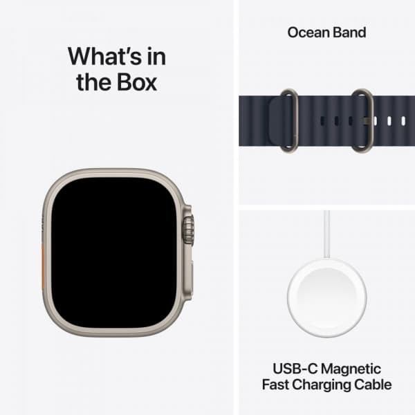 Apple Watch Ultra 2 (GPS + Cellular) 49 mm naturligt ljus titanfodral och marinblå Ocean-armband (MX4D3)