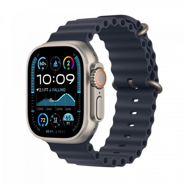 Apple Watch Ultra 2 (GPS + Cellular) 49 mm naturligt ljus titanfodral och marinblå Ocean-armband (MX4D3)