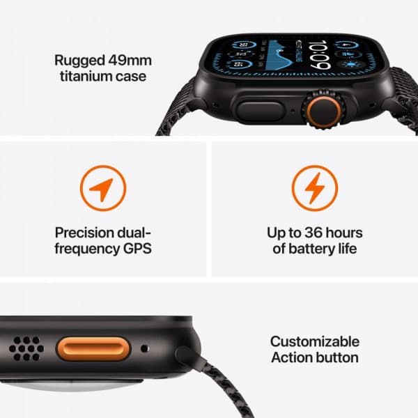 Apple Watch Ultra 2 (GPS + Cellular) 49 mm svart titanboett och svart Milanese-armband, medelstor (MX5U3)