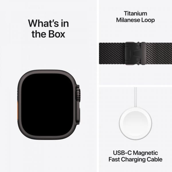 Apple Watch Ultra 2 (GPS + Cellular) 49 mm svart titanboett och svart Milanese-armband, medelstor (MX5U3)