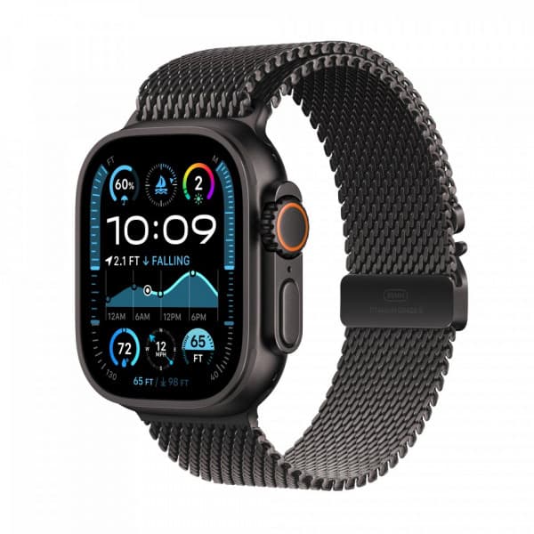 Apple Watch Ultra 2 (GPS + Cellular) 49 mm svart titanboett och svart Milanese-armband, medelstor (MX5U3)