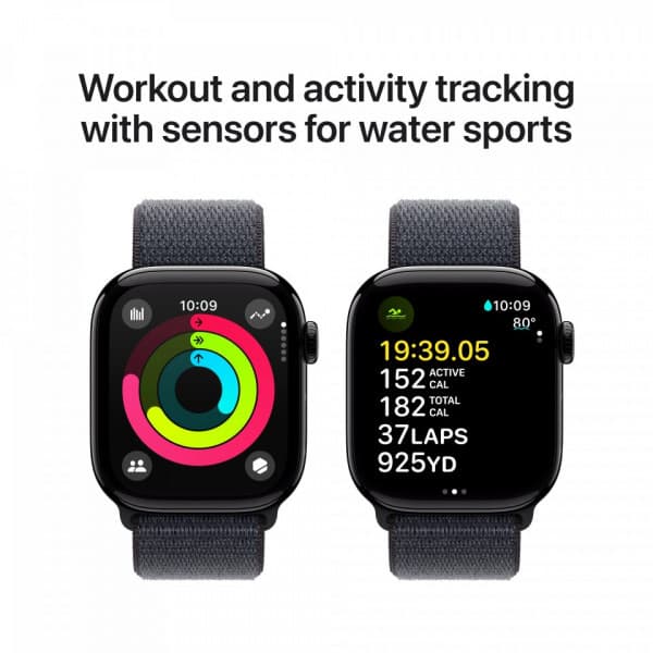 Apple Watch Series 10 (GPS) 42 mm peilimusta alumiinikuori ja musteenvärinen Sport Loop -ranneke (MWWG3)