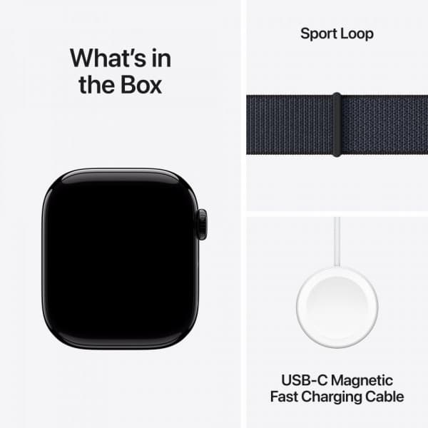 Apple Watch Series 10 (GPS) 42 mm peilimusta alumiinikuori ja musteenvärinen Sport Loop -ranneke (MWWG3)