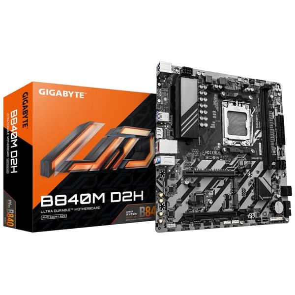 GIGABYTE B840M D2H Motherboard - AMD Ryzen 9000 CPUs, 5+2+2 Phases VRM, up to 7600MHz DDR5, 1xPCIe 4.0 + 1xPCIe 3.0 M.2,