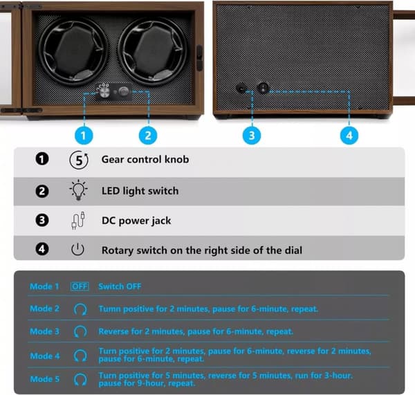 Watch winder för 2 klockor med LED-belysning och USB-strömförsörjning