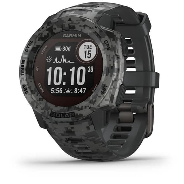Robust Solar GPS-klocka - GARMIN - Instinct Solar - Camo Edition - Graphite Camo - 0,9" x 0,9" (23 x 23) Display med dubbla fönster