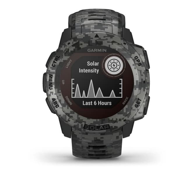 Robust Solar GPS-klocka - GARMIN - Instinct Solar - Camo Edition - Graphite Camo - 0,9" x 0,9" (23 x 23) Display med dubbla fönster