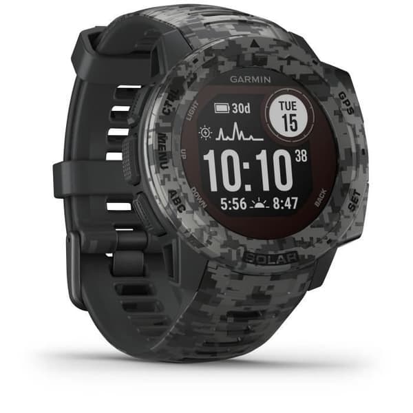 Robust Solar GPS-klocka - GARMIN - Instinct Solar - Camo Edition - Graphite Camo - 0,9" x 0,9" (23 x 23) Display med dubbla fönster