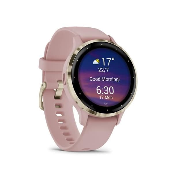 Ansluten GPS-klocka - GARMIN - Venu 3S - 30,4 mm (1,2) - Mjukt guldfärgat stål, rosa boett och rosa silikonarmband
