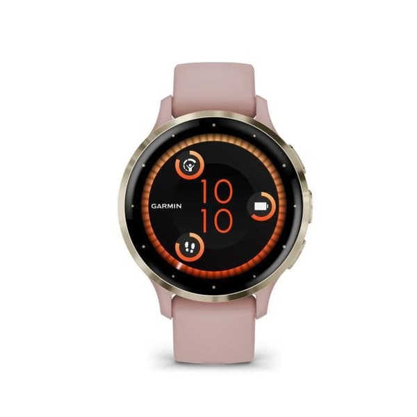 Ansluten GPS-klocka - GARMIN - Venu 3S - 30,4 mm (1,2) - Mjukt guldfärgat stål, rosa boett och rosa silikonarmband