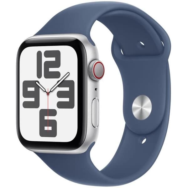 Apple Watch SE GPS + Cellular - 44 mm - Hopeanvärinen alumiinikuori - Denim Sport Band - M/L