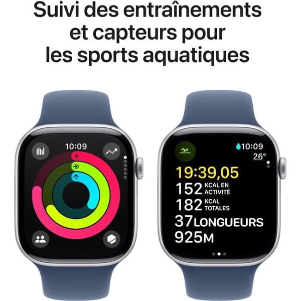 Apple Watch Series 10 GPS - 46 mm - Sølvfarvet aluminiumskasse - Denim sportsrem - M/L