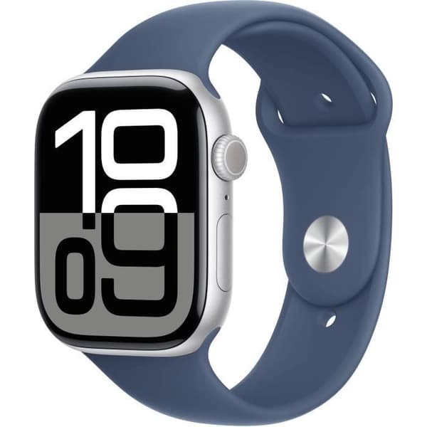 Apple Watch Series 10 GPS - 46 mm - Sølvfarvet aluminiumskasse - Denim sportsrem - S/M