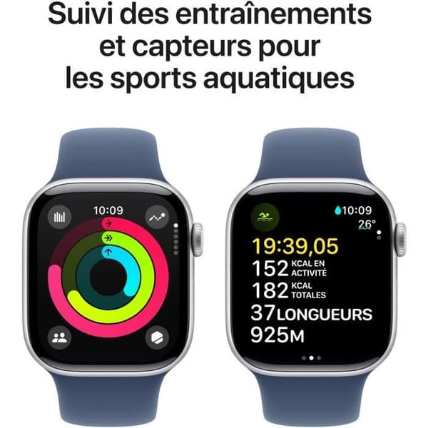 Apple Watch Series 10 GPS - 42mm - Sølvfarvet Aluminiumskasse - Denim Sportrem - M/L