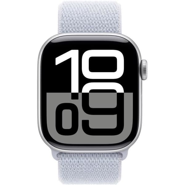 Apple Watch Series 10 GPS - 42 mm - Sølvfarvet aluminiumskasse - Blå Cloud Sport Loop-rem