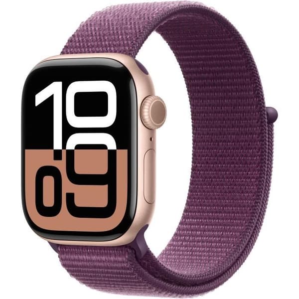 Apple Watch Series 10 GPS - 42 mm - Ruusukultainen alumiinikuori - Luumunvärinen Sport Loop -ranneke