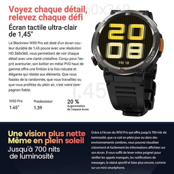Blackview W50 Pro Bluetooth Smartwatch 960mAh Stötsäker, 1.45" Klocka med LED-ficklampa - Svart