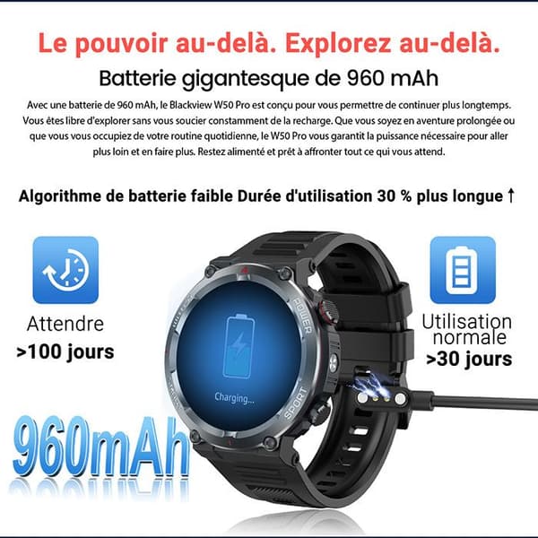 Blackview W50 Pro Bluetooth Smartwatch 960mAh Stötsäker, 1.45" Klocka med LED-ficklampa - Svart